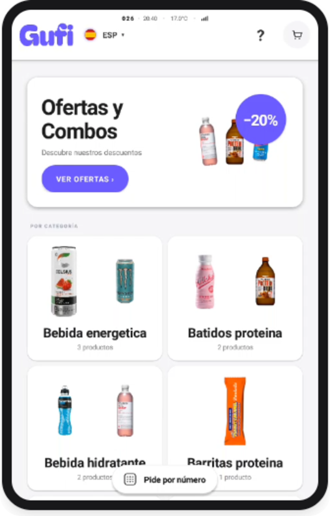 Catálogo por categorías con foto, precio y stock en la pantalla de la máquina